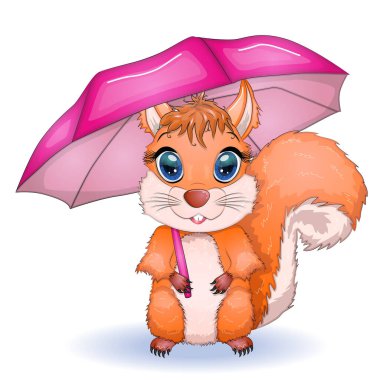 Şemsiyesi olan güzel gözlü şirin çizgi film sincabı, sonbahar konsepti..