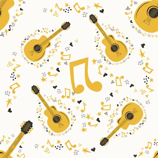 Ручной Рисунок Музыкальный Бесшовный Узор Кантри Гитарой Звездами Нотами Символами — стоковый вектор