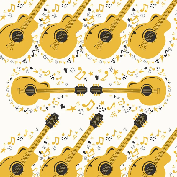 Hand Drawn Musical Seamless Pattern Country Guitar Stars Notes Symbols — Stock Vector
