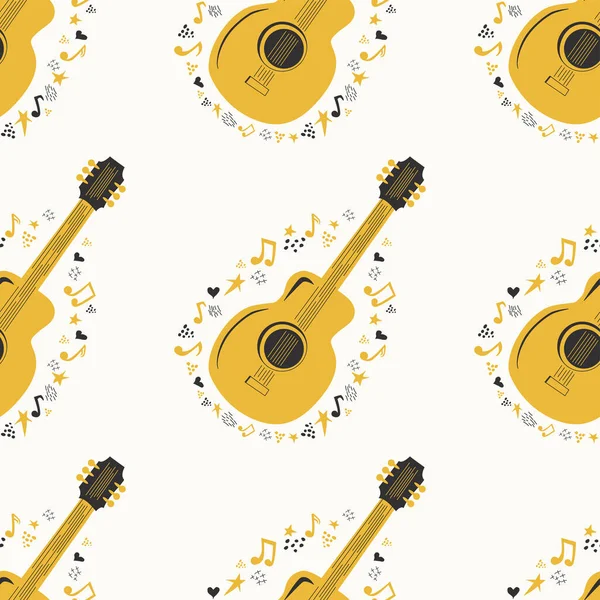 Muzyczny Bezszwowy Wzór Nutami Muzycznymi Gitarą Ręcznie Rysowane Gitary Gwiazdy — Wektor stockowy