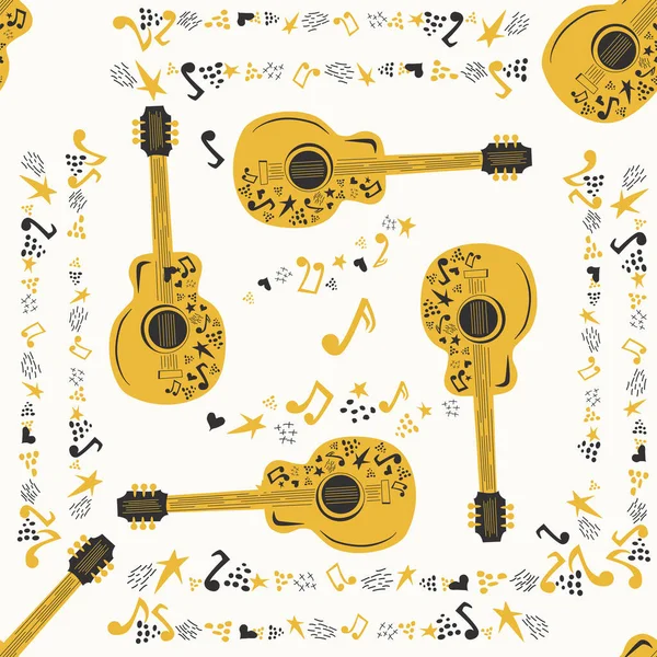 Ręcznie Rysowany Wzór Różnymi Symbolami Muzyki Country Nuty Gitara Gwiazdy — Wektor stockowy
