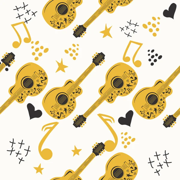 Нарисованный Руки Бесшовный Узор Кантри Музыкой Нотами Гитарой Звездами Элементами — стоковый вектор
