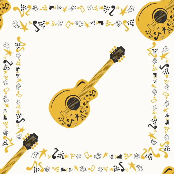 Ręcznie Rysowany Wzór Symbolami Muzyki Country Nuty Gitara Gwiazdy Elementy — Wektor stockowy