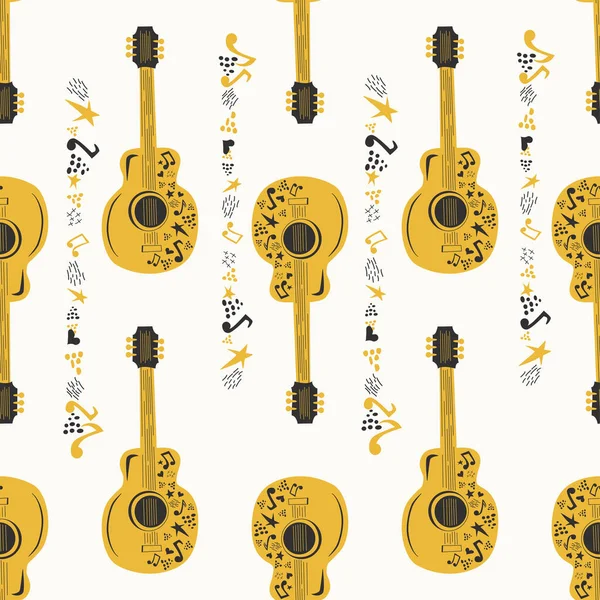 Ręcznie Rysowany Wzór Symbolami Muzyki Country Nuty Gitara Gwiazdy Elementy — Wektor stockowy
