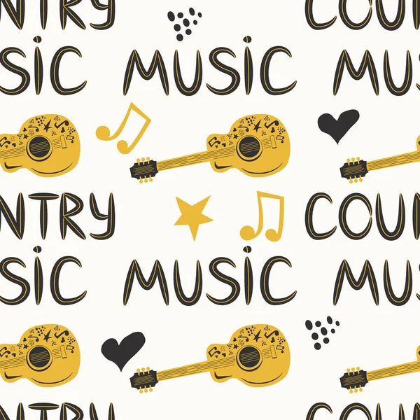 Padrão Sem Costura Musical Desenhado Mão Com Inscrição Música Country —  Vetores de Stock