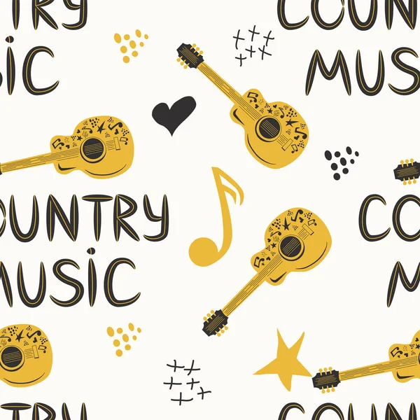 Padrão Sem Costura Musical Desenhado Mão Com Inscrição Música Country —  Vetores de Stock