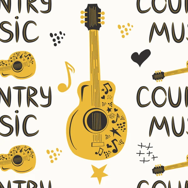 Padrão Musical Sem Costura Desenhado Mão Com Inscrição Música Country —  Vetores de Stock