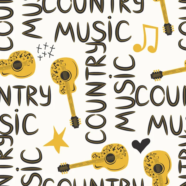 Padrão Musical Sem Costura Desenhado Mão Com Inscrição Música Country —  Vetores de Stock