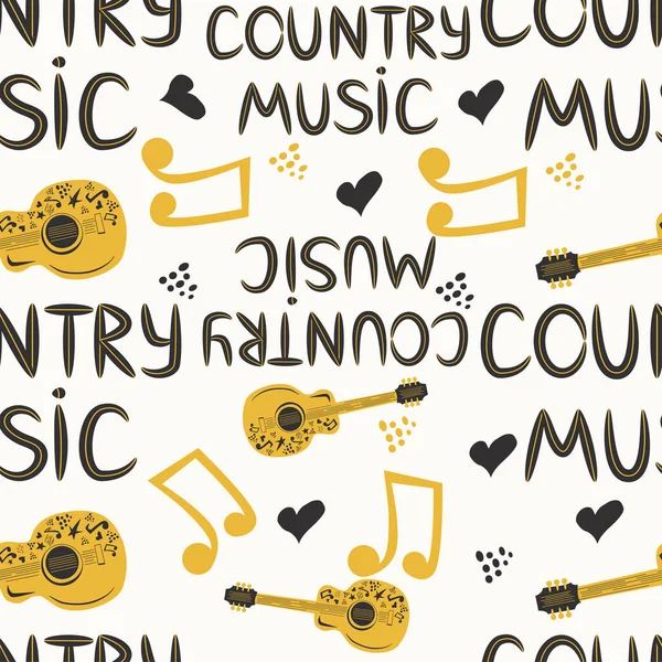 Padrão Sem Costura Musical Desenhado Mão Com Inscrição Música Country —  Vetores de Stock