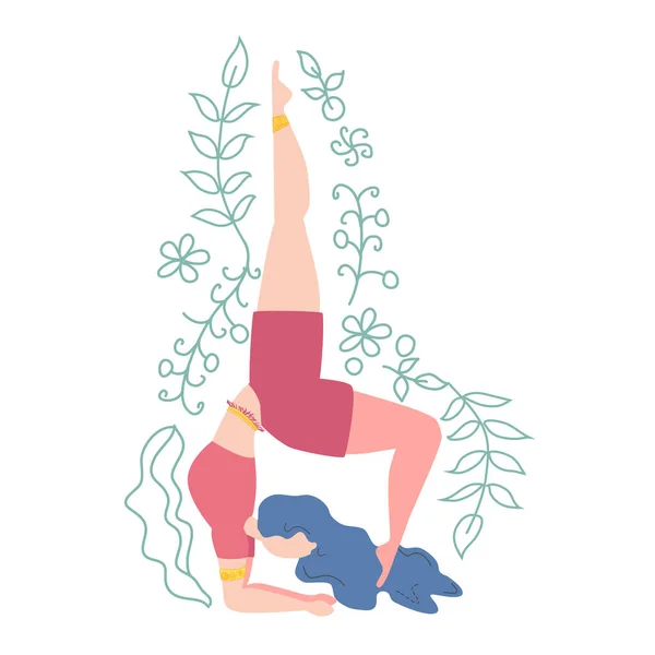 Frau Pose Geschmückt Mit Blättern Und Blumen Yoga Meditationskonzept Gesundheitliche — Stockvektor