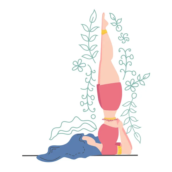 Mujer Pose Reina Asanas Sarvangasana Decorada Con Hojas Flores Yoga — Vector de stock