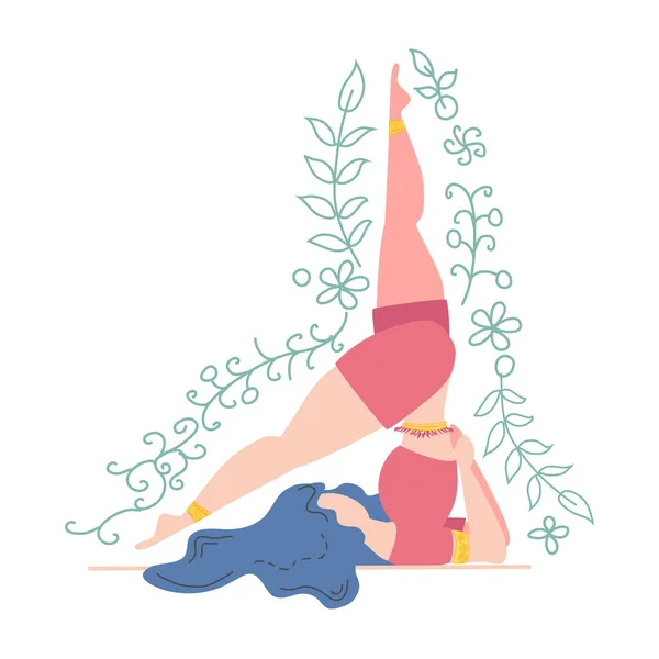 Frau Pose Geschmückt Mit Blättern Und Blumen Yoga Meditationskonzept Gesundheitliche — Stockvektor