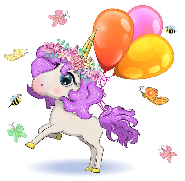Cute Magical Unicorn Holds Balloons Greeting Card Concept Print Design — Stock Vector