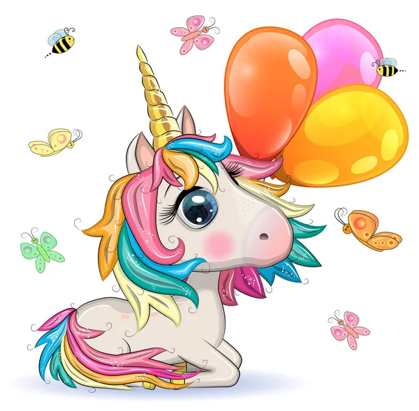 Mignonne Licorne Magique Tient Des Ballons Carte Vœux Concept Impression — Image vectorielle