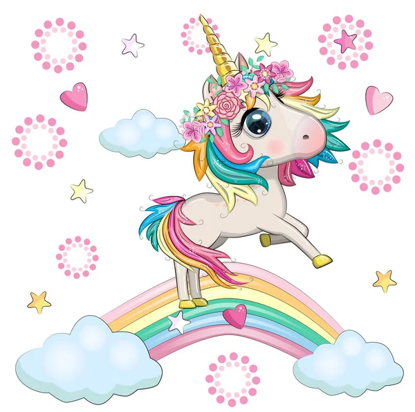 Cute Magical Unicorn Rainbow Greeting Card Concept Print Design — Stock Vector