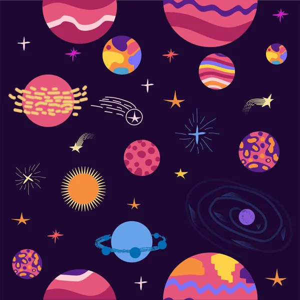 seamless pattern of planets, rockets and stars. Cartoon planet. Childish background. Hand drawn