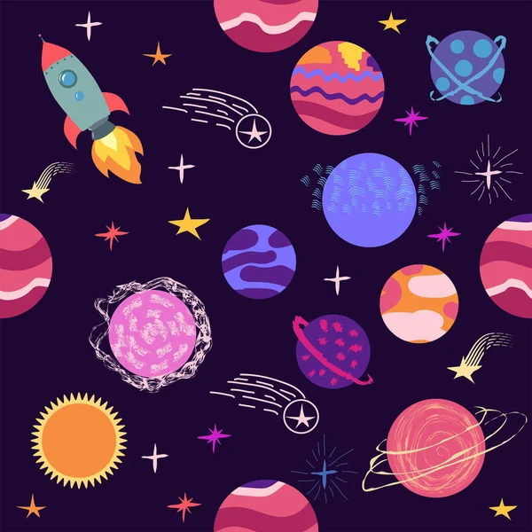 seamless pattern of planets, rockets and stars. Cartoon planet. Childish background. Hand drawn