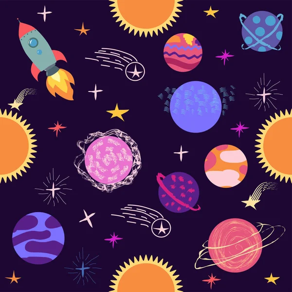 Nahtloses Raummuster Planeten Raketen Und Sterne Cartoon Raumschiff Kindlicher Hintergrund — Stockvektor