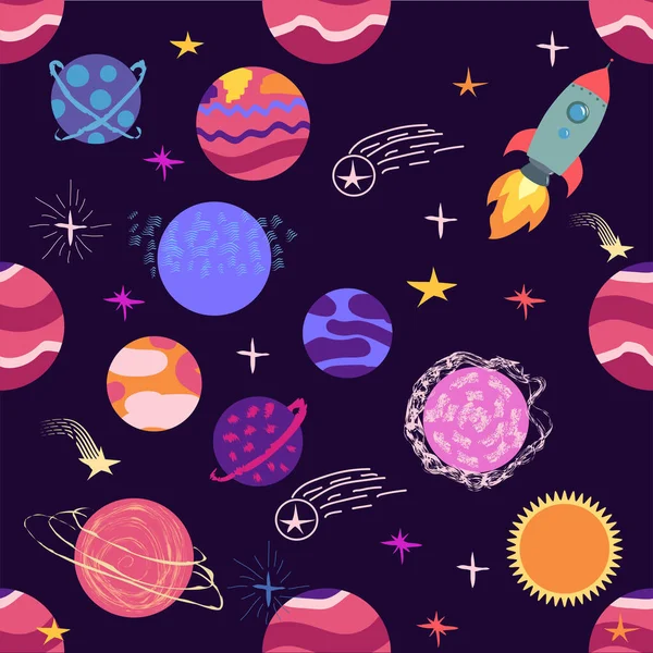 seamless pattern of planets, rockets and stars. Cartoon planet. Childish background. Hand drawn