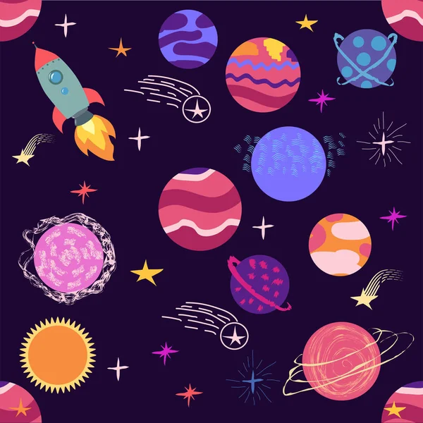 seamless pattern of planets, rockets and stars. Cartoon planet. Childish background. Hand drawn