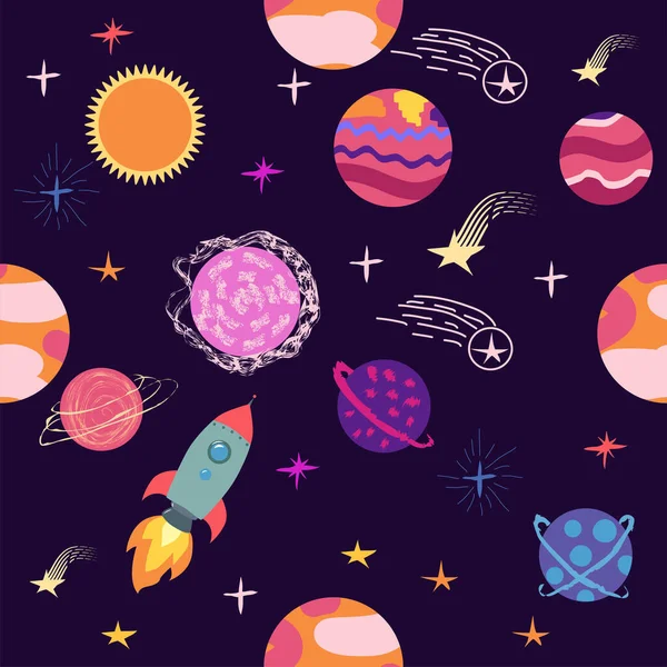 Nahtloses Muster Von Planeten Raketen Und Sternen Cartoon Planet Kindlicher — Stockvektor