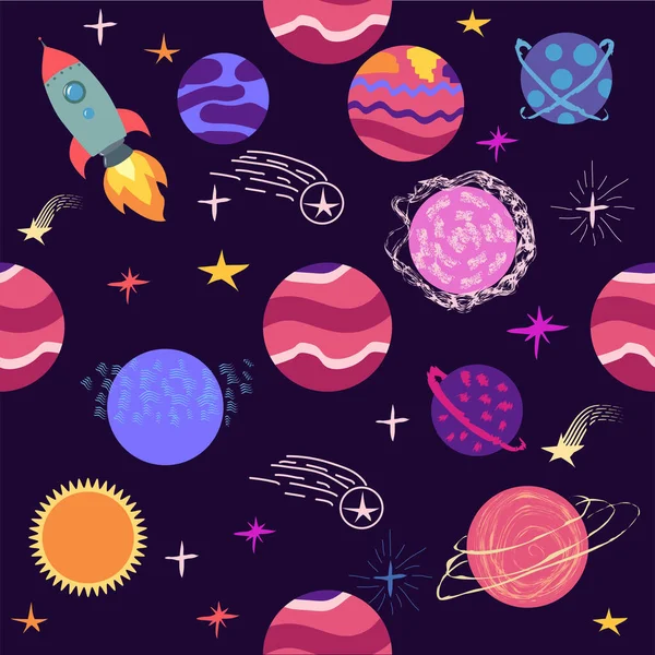 seamless pattern of planets, rockets and stars. Cartoon planet. Childish background. Hand drawn