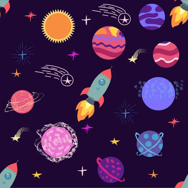 seamless pattern of planets, rockets and stars. Cartoon planet. Childish background. Hand drawn