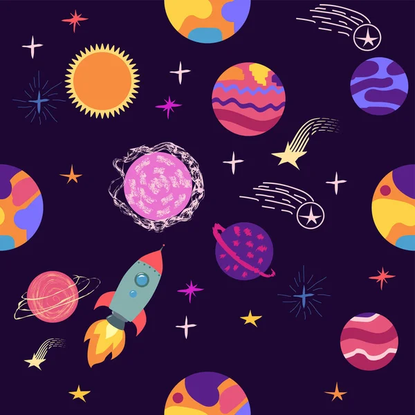 Nahtloses Raummuster Planeten Raketen Und Sterne Cartoon Raumschiff Ikonen Handgezeichnet — Stockvektor