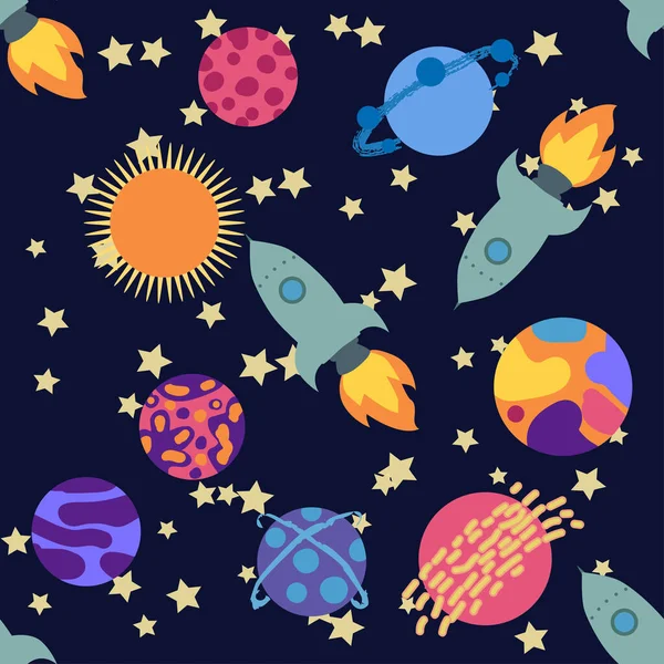 Bezproblémový Vesmírný Vzor Planety Rakety Hvězdy Kreslené Ikony Vesmírné Lodi — Stockový vektor