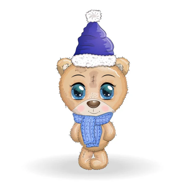 Cute Cartoon Bear Big Eyes Scarf Hat Merry Christmas Happy — Stock Vector