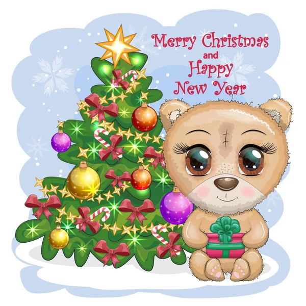 可爱的卡通熊 长着大大的眼睛 腿上夹着圣诞礼物 靠近圣诞树 圣诞快乐 新年快乐 — 图库矢量图片