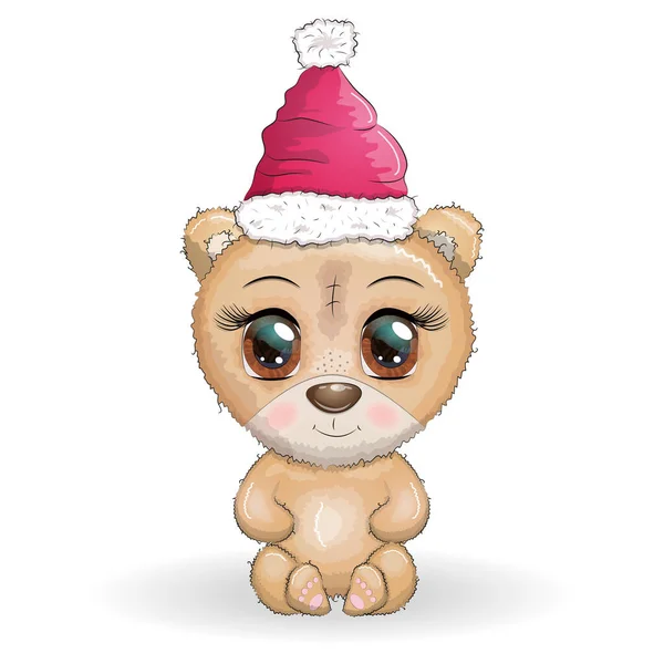 Cute Cartoon Bear Big Eyes Christmas Hat Merry Christmas New — Stock Vector