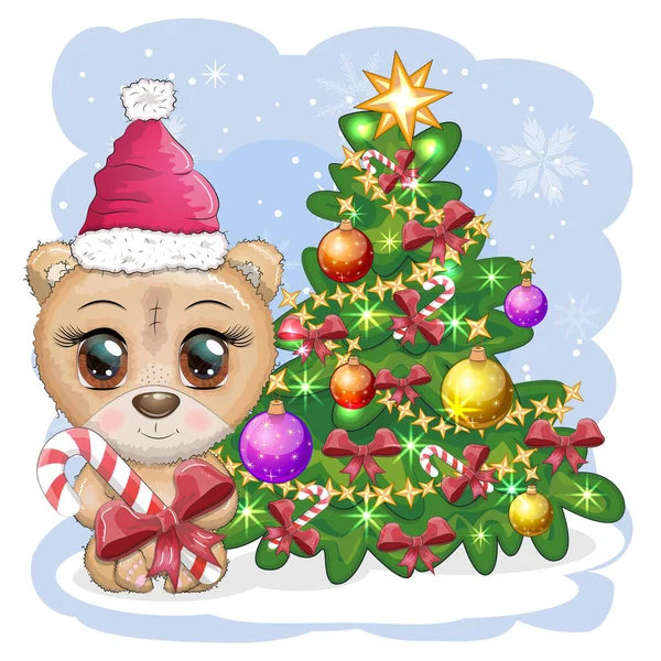 Carino Orso Cartone Animato Con Grandi Occhi Cappello Natale Vicino — Vettoriale Stock