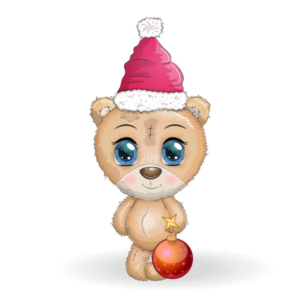 Cute Cartoon Bear Big Eyes Christmas Hat Greeting Card New — Stock Vector