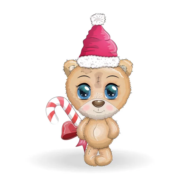 Ours Dessin Animé Mignon Avec Gros Yeux Dans Chapeau Noël — Image vectorielle