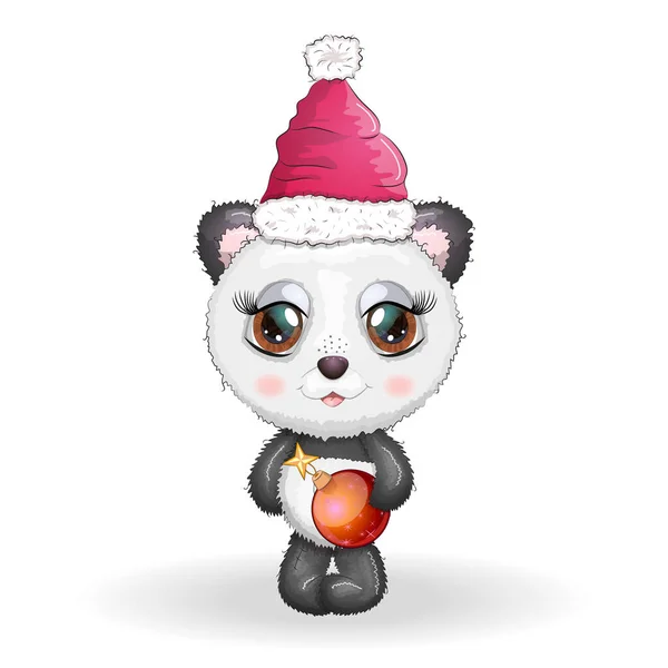 Cute Cartoon Panda Bear Big Eyes Red Santa Claus Hat — Stock Vector