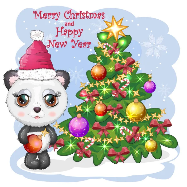 可爱的卡通熊猫 长着大大的眼睛 戴着一顶红色的圣诞老人帽 带着一个球来到圣诞树旁 新年贺年卡 — 图库矢量图片