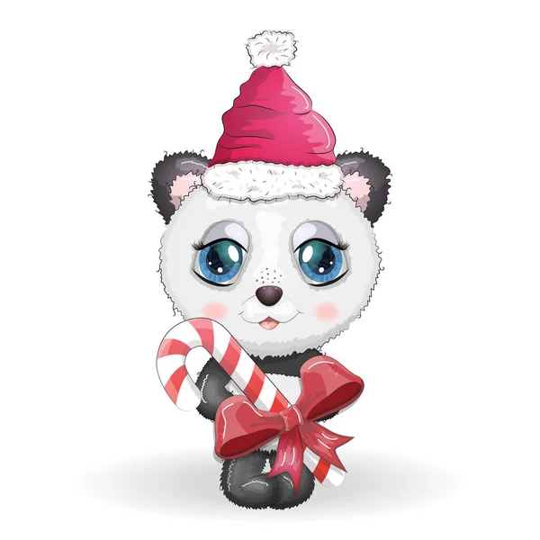 Cute Cartoon Panda Bear Big Eyes Red Santa Claus Hat — Stock Vector