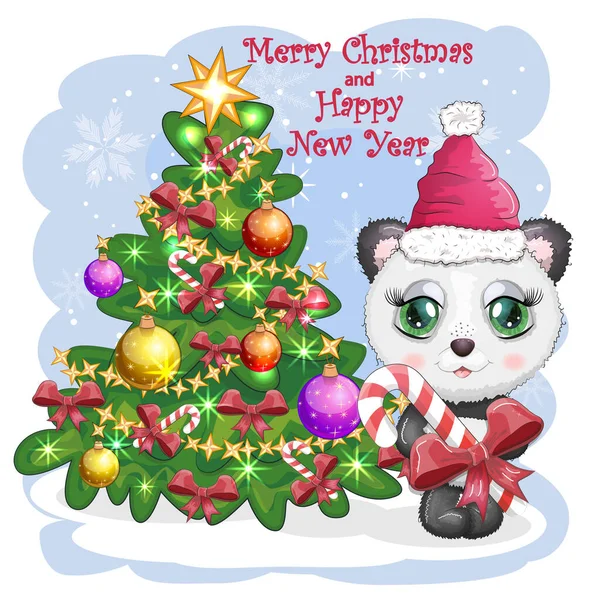 可爱的卡通熊猫 长着大大的眼睛 头戴红色的圣诞老人帽 在圣诞树旁拿着焦糖手杖 新年贺年卡 — 图库矢量图片