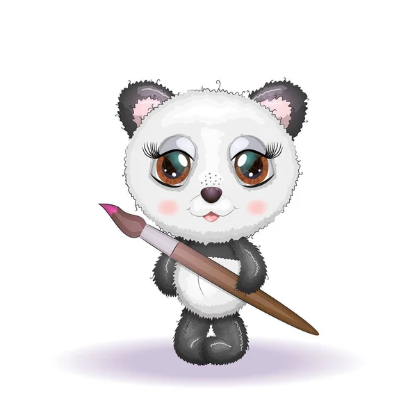 Panda Desenho Animado Bonito Com Olhos Grandes Pincel Para Pintura — Vetor de Stock