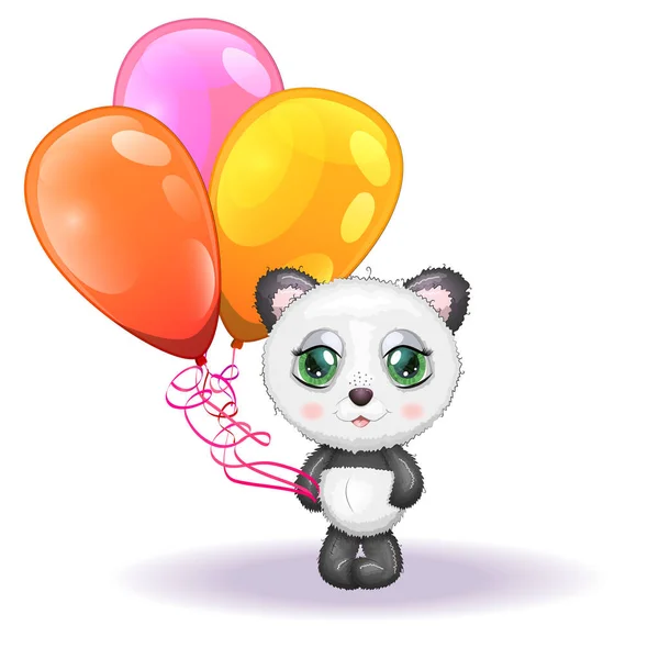 Cute Little Panda Balloons Greeting Card Illustration Cute Animals — Stock Vector
