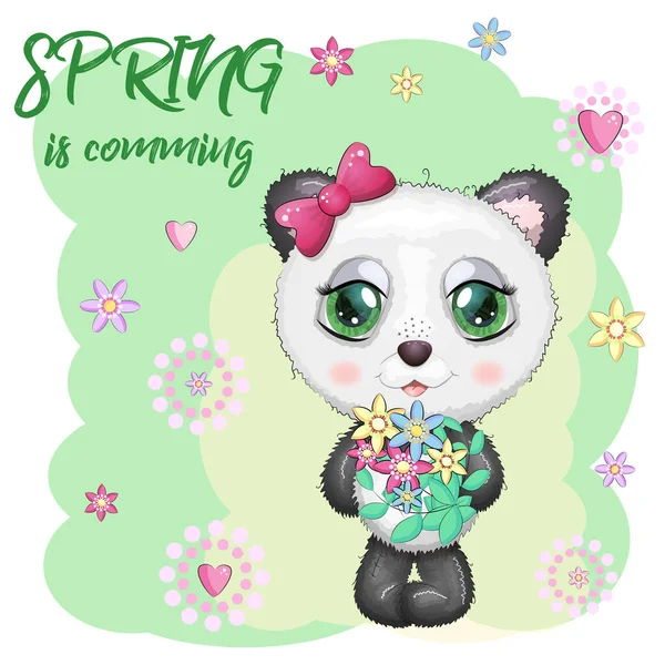 Mignon Panda Aux Grands Yeux Bouquet Fleurs Printemps Arrive — Image vectorielle