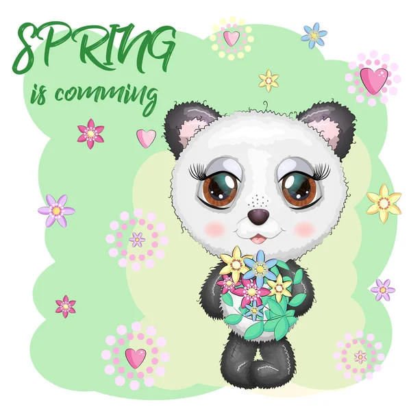 Mignon Panda Aux Grands Yeux Bouquet Fleurs Printemps Arrive — Image vectorielle