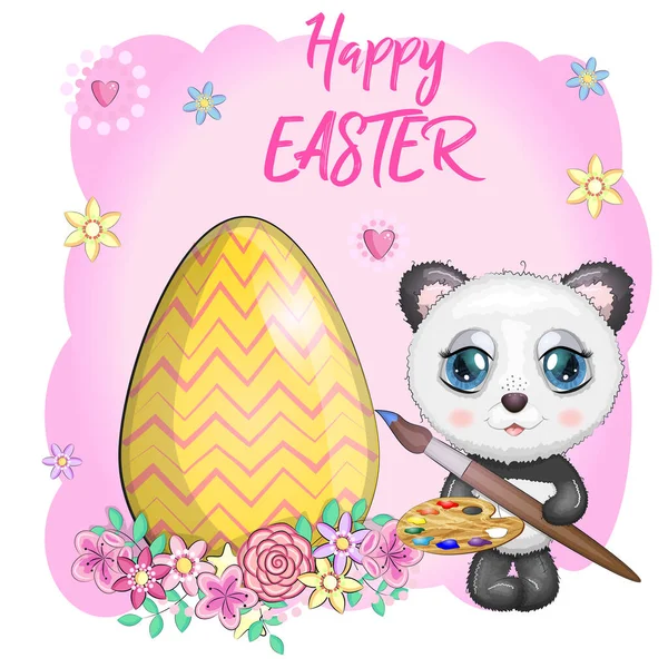 Cute panda with a tassel and a decorated egg, the phrase Happy Easter. Easter eggs, branches with leaves, flowers, greeting card