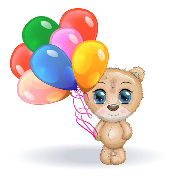 Милый медвежонок с воздушными шарами, картинки поздравления, милые животные
