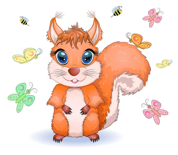 Cute Cartoon Squirrel Beautiful Eyes Background Flowers Butterflies — Stock Vector