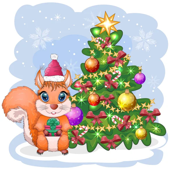 Nettes Cartoon Eichhörnchen Mit Schönen Augen Weihnachtsmannmütze Mit Geschenk Zuckerrohr — Stockvektor