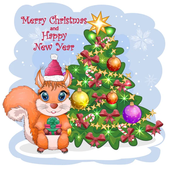 可爱的卡通松鼠 戴着漂亮的眼睛 戴着圣诞礼帽 戴着糖果手杖 在装饰过的圣诞树旁跳舞 贺卡冬季设计元素 圣诞宴会请柬 — 图库矢量图片