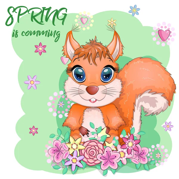 Couple Cute Cartoon Squirrel Beautiful Eyes Flowers Wreath Spring Coming — Stock Vector