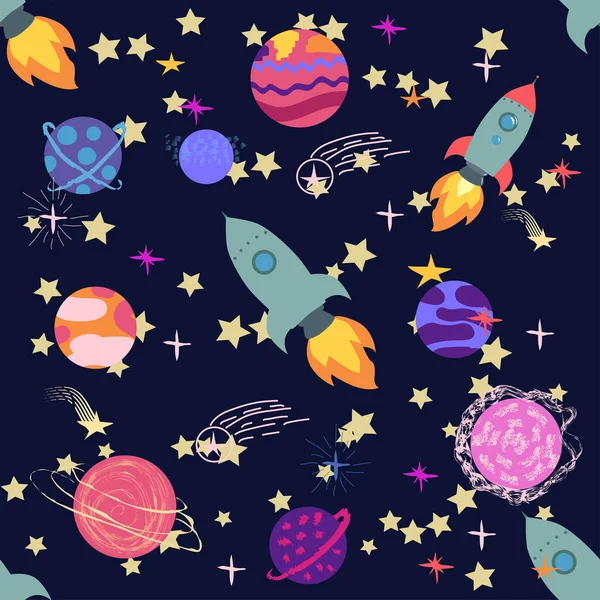 Seamless Space Pattern Planets Rockets Stars Cartoon Spaceship Icons Hand — Stock Vector